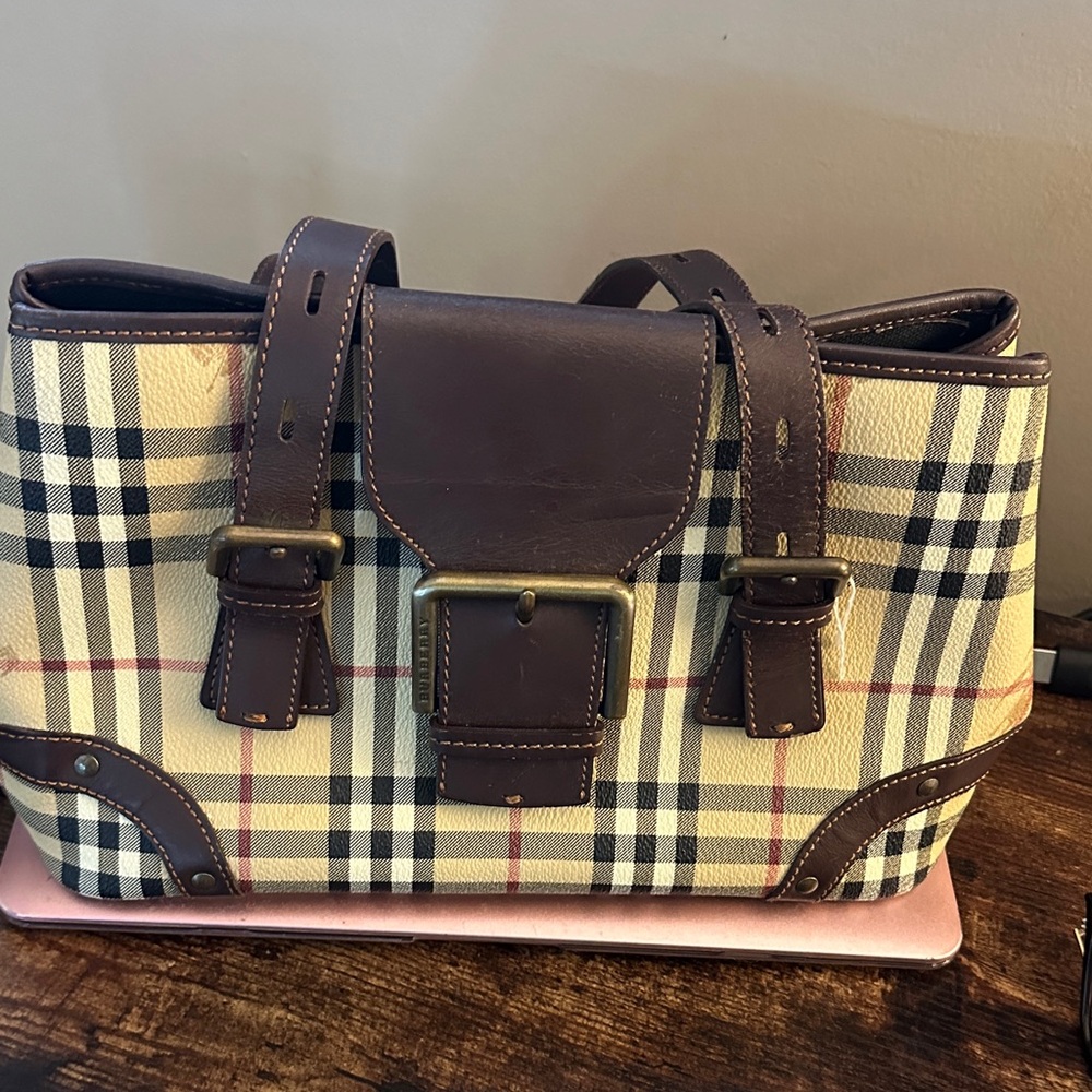 Burberry Classic Plaid Satchel Handbag in Beige and Brown.